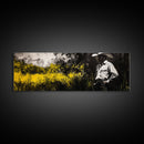 Cowboy in Field, Rustic Wall Art, Farmhouse Art, Canvas Print, Vintage Horse Art, Extra Wide Art, Moody Art, Wabi Sabi Art