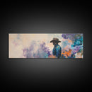 Lone Cowboy Painting, Panoramic Art, Rustic Decor, Framed Canvas Print, Blue and Green Wall Art, Moody Art, Southwest Wall Art