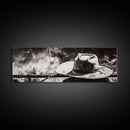 Western Hat Art, Black and White Art, Framed Canvas Print, Rustic Wall Art, Wabi Sabi Art, Extra Wide Art, Minimalist Art