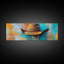 Western Hat Painting, Abstract Cowboy Art, Framed Canvas Print, Extra Wide Art, Rustic Decor, Blue and Green Wall Art, Wabi Sabi Art