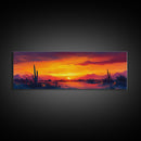 Sunset Cactus Art, southwest wall art, desert landscape painting, extra wide art, panoramic painting, framed canvas print, rustic decor, horizontal wall art