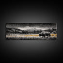Bison art, mountain painting, black and white western art, farmhouse art, smoky mountain art, extra wide art, framed canvas print