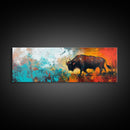 Abstract bison, rustic decor, teal wall art, western painting, bold color art, boho art, extra wide art, framed canvas print
