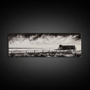 Stormy Wagon, black and white art, moody western painting, rustic decor, farmhouse wall art, extra wide panoramic art, framed canvas print.