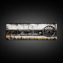 Wagon Wheel, barn landscape oil painting, black and white art, rustic decor, farmhouse art, extra wide art, Framed Canvas Print, moody art