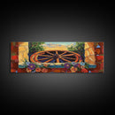 Rustic Wagon Wheel, farmhouse art, southwest wall art, wildflower painting, boho art, extra wide art, framed canvas print, landscape painting