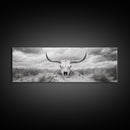 Longhorn Skull, skull art, western wall art, rustic decor, moody art, desert painting, farmhouse art, panoramic art, framed canvas print