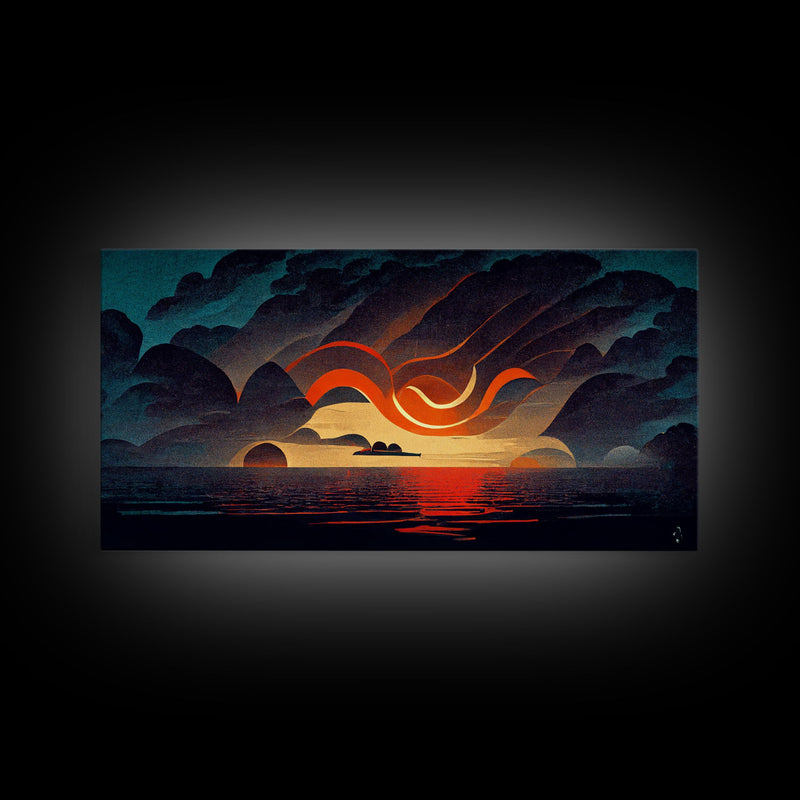 Abstract art deco sunset canvas print, sunset over the vast ocean, living room art