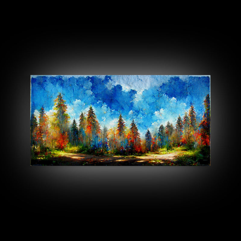 Beautiful Forest Sunset Oil Painting Canvas Print, Blue Skies and Fall Trees, Autumn, Ready to hang gallery wrapped nature canvas print