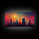 Dystopian Cyberpunk canvas print, cyber punk city at sunset, Bladerunner vibes art, synthwave style art, cool wall art, night city