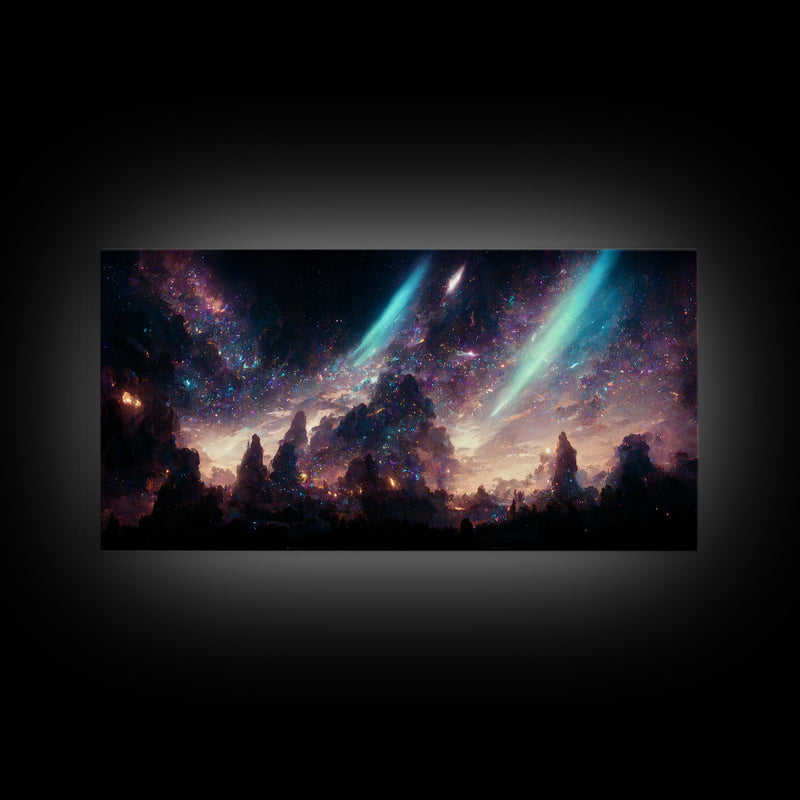 Aurora Borealis Landscape Canvas Print, Mountains of Norway, cool wall art, unique wall art, mountain landscape wall art, space and stars