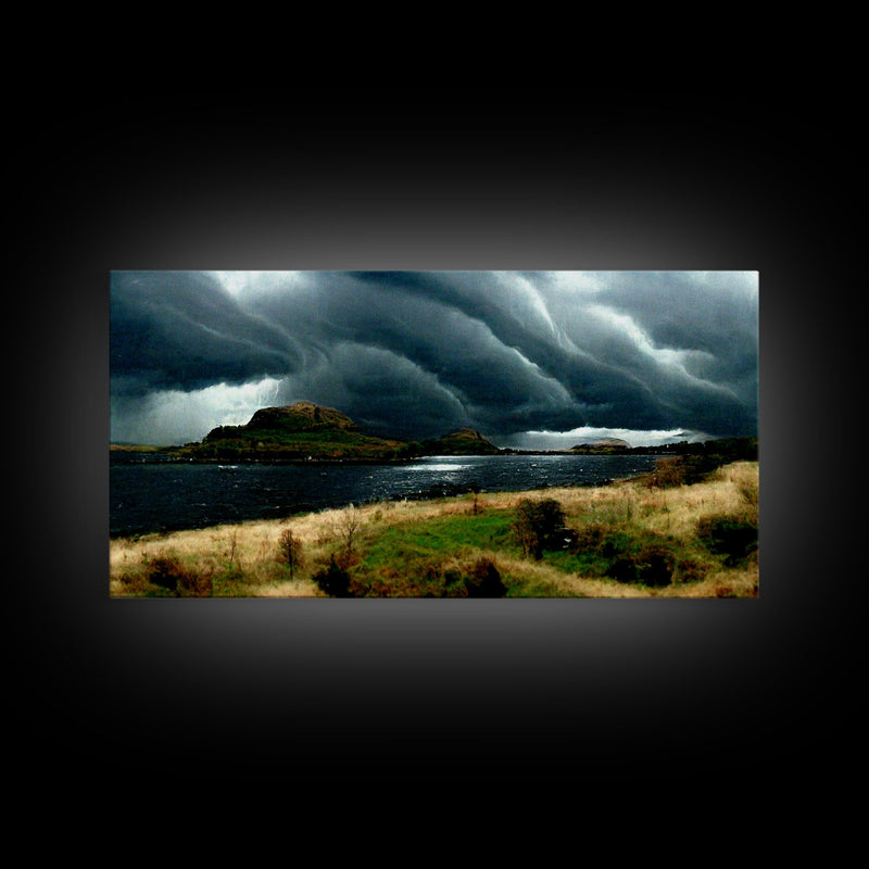 A Thunderstorm at night over the lake, canvas print, rain storm over a lake, cool wall art, unique wall art, ready to hang canvas