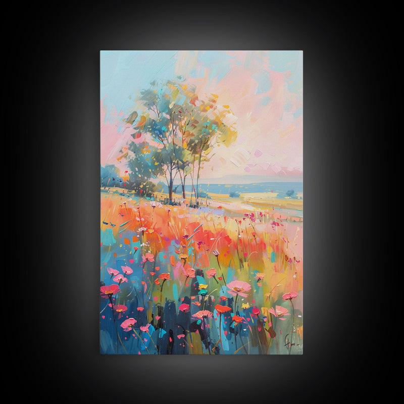 Blossoming Meadow with Trees - Framed Canvas Print, Peaceful Living Room Art, Serene Bedroom Decor, Vibrant Flower Art, Wall Art