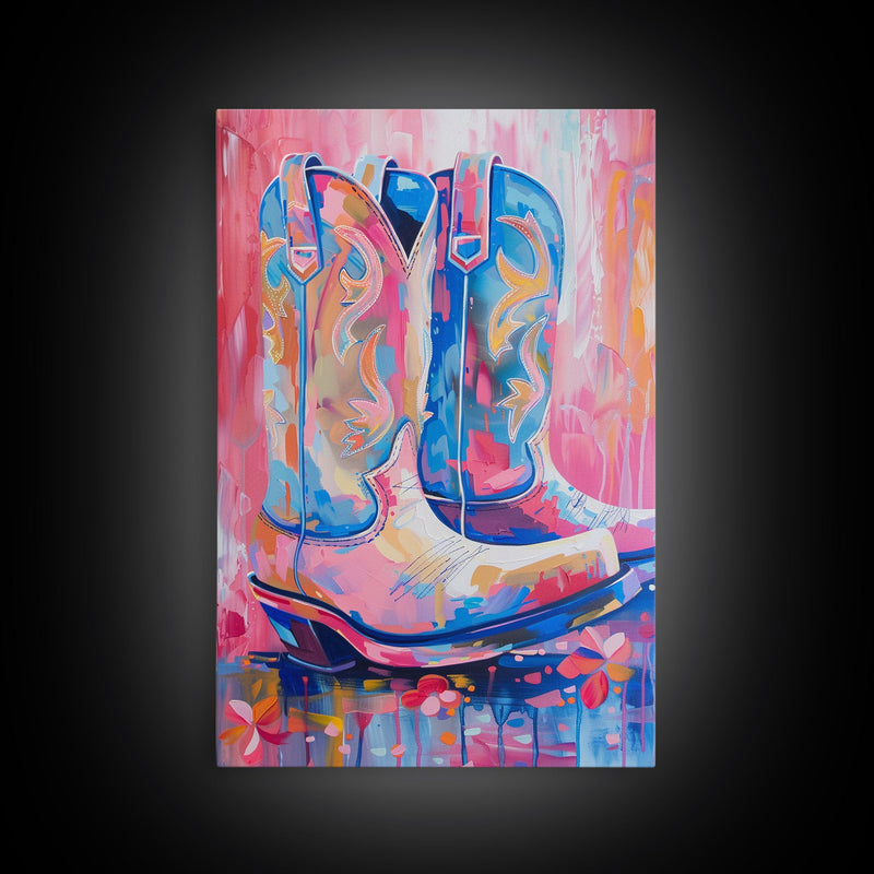 Blue and Pink Cowboy Boots with Floral Background - Framed Canvas Print, Rustic Western Wall Art, Vibrant Boot Art for Home Decor