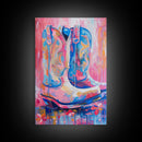 Blue and Pink Cowboy Boots with Floral Background - Framed Canvas Print, Rustic Western Wall Art, Vibrant Boot Art for Home Decor