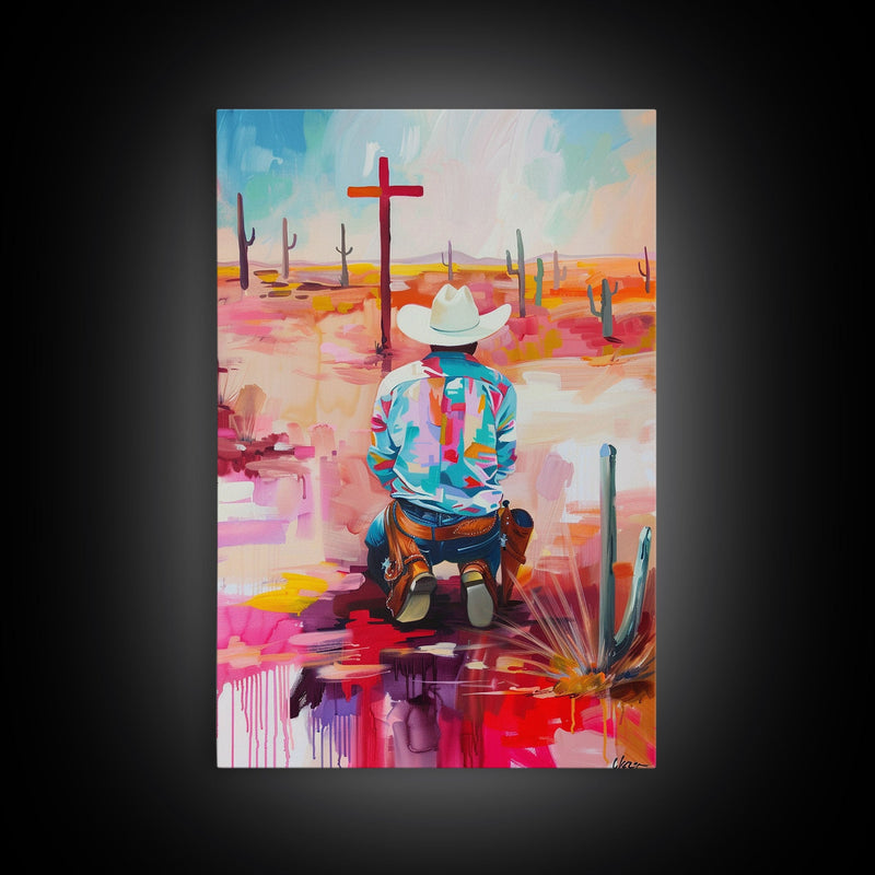 Abstract Cowboy Kneeling by Cross Art - Framed Canvas Print, Modern Southwestern Decor, Vibrant Living Room Wall Art