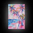 Vibrant Palm Trees and Ocean Waves in Abstract Style - Framed Canvas Print, Coastal Wall Art, Tropical Beach Decor for Living Room