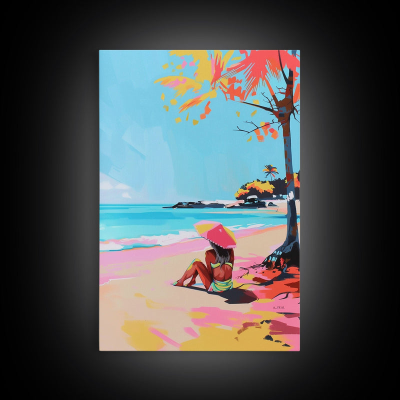 Woman Relaxing on the Beach Under a Parasol - Framed Canvas Print, Summer Vibes Wall Art, Relaxation Decor for Bedroom