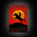 Dynamic Cowboy Horse Ride Silhouette at Sunset | Framed Canvas Print | Western Wall Art | Sunset Horseback Wall Art for Home Decor