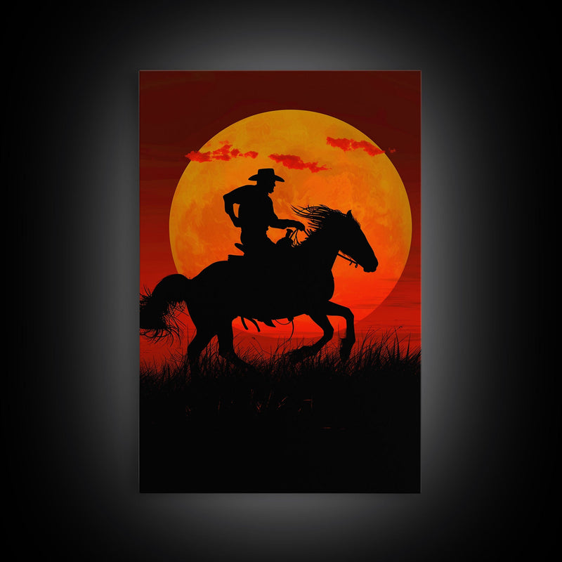 Action Cowboy Silhouette on Horse at Sunset | Framed Canvas Print | Western Wall Art | Dramatic Cowboy Wall Art for Home Decor