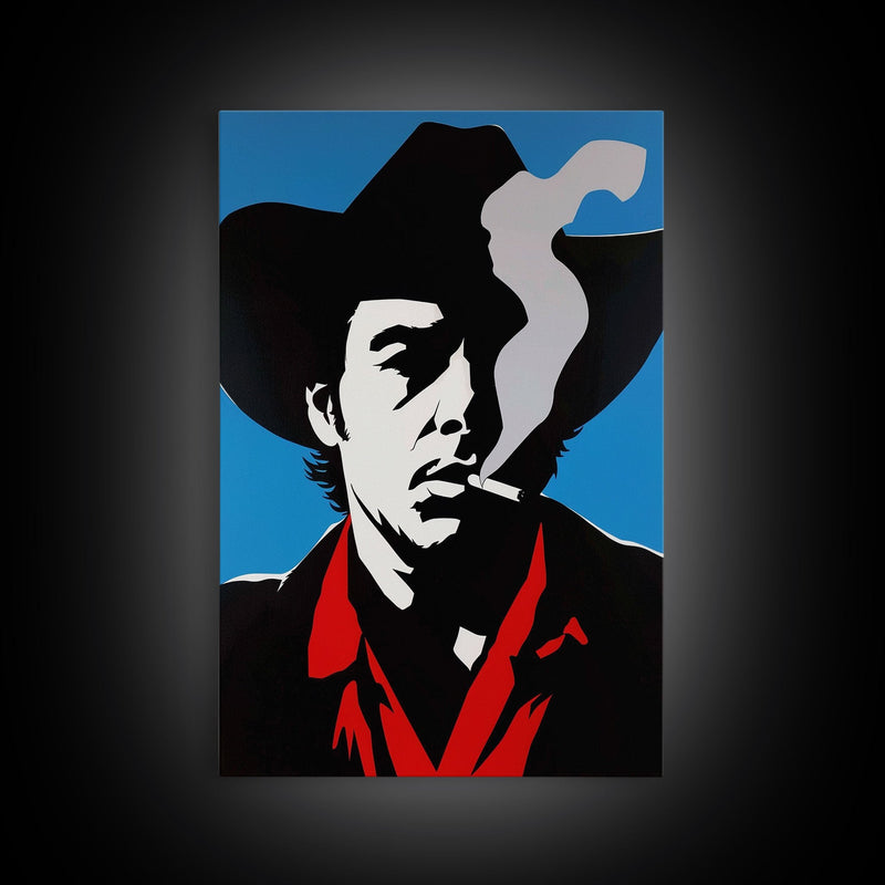 Bold Cowboy Smoking Silhouette Framed Canvas Print - Modern Western Decor, Unique Wall Art for Living Room, Bedroom Artwork