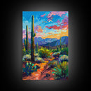 Framed Canvas Print, Cactus and Desert Path Wall Art, Vibrant Southwest Landscape for Living Room or Bedroom, Nature Art Poster Piece