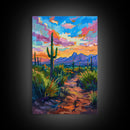 Framed Canvas Print, Sunset Over Desert with Cacti, Stunning Wall Art for Living Room or Bedroom Decor