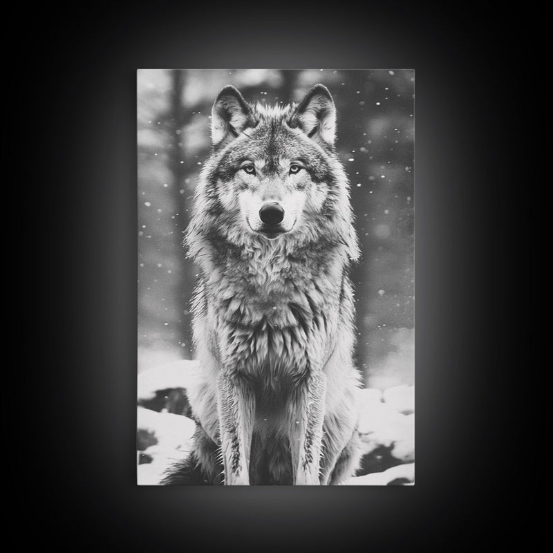 Wolf in Snowy Forest Black and White Photography - Framed Canvas Print, Wildlife Photography, Winter Wolf Art for Home Decor