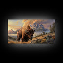 Powerful Bison in Mountain Valley, Framed Canvas Print, Ideal for Living Room Art, Nature Inspired Wall Art, Bedroom Decoration