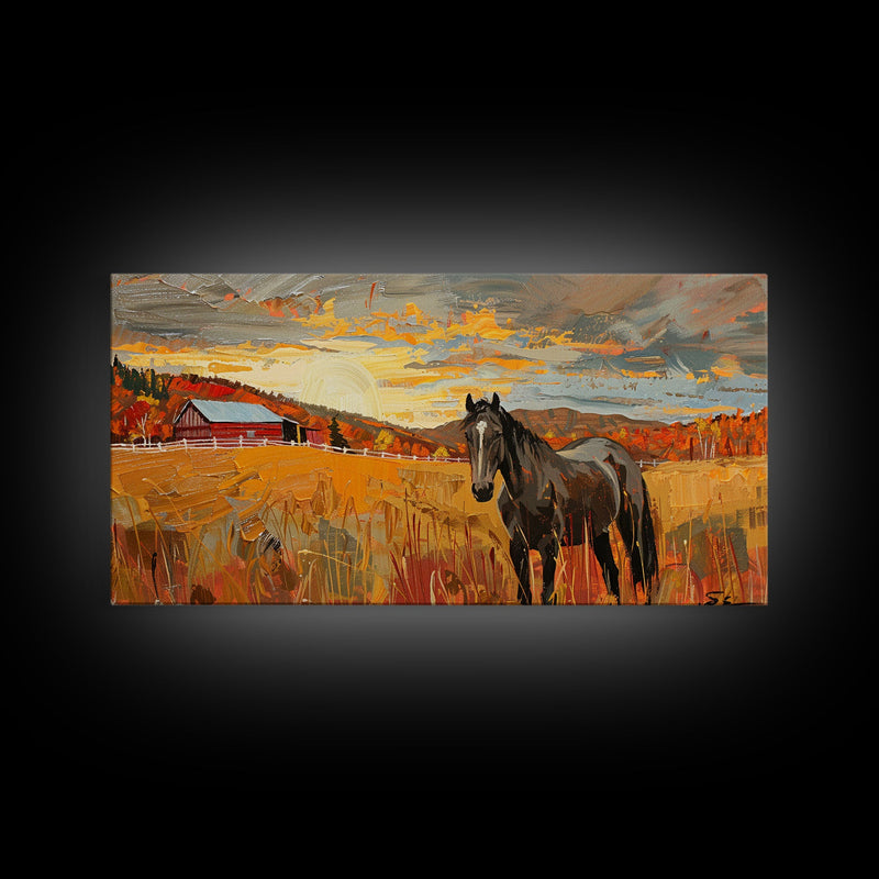 Black Horse in Autumn Field with Red Barn, Perfect Farmhouse Art, Framed Canvas Print, Rustic Wall Decor, Living Room Decoration