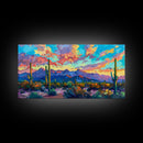 Expansive Desert Landscape at Sunset, Colorful Southwestern Art, Framed Canvas Print, Boho Living Room Wall Decor, Desert Scene