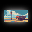 Stylized Cowgirl with Red Car in Vast Desert, Framed Canvas Print for Bedroom, Ideal Living Room Art, Retro Wall Decor