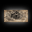 Old Wooden Shack in Rocky Terrain, Farmhouse Style Framed Canvas Print for Bedroom Art, Historical Home Decoration, Rustic Wall Art Piece
