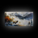 Majestic Elk in Misty Mountains, Framed Canvas Print, Perfect for Living Room Art, Rustic Bedroom Decor, Nature Wall Art, Wildlife Scene
