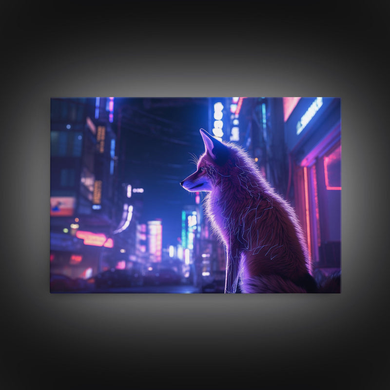 Alley Fox, Cyberpunk city, framed canvas print, urban decay art