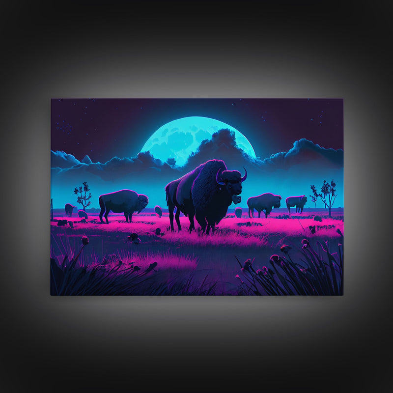 American Buffalo, Retrowave art, herd of Bison and a full moon, framed canvas print