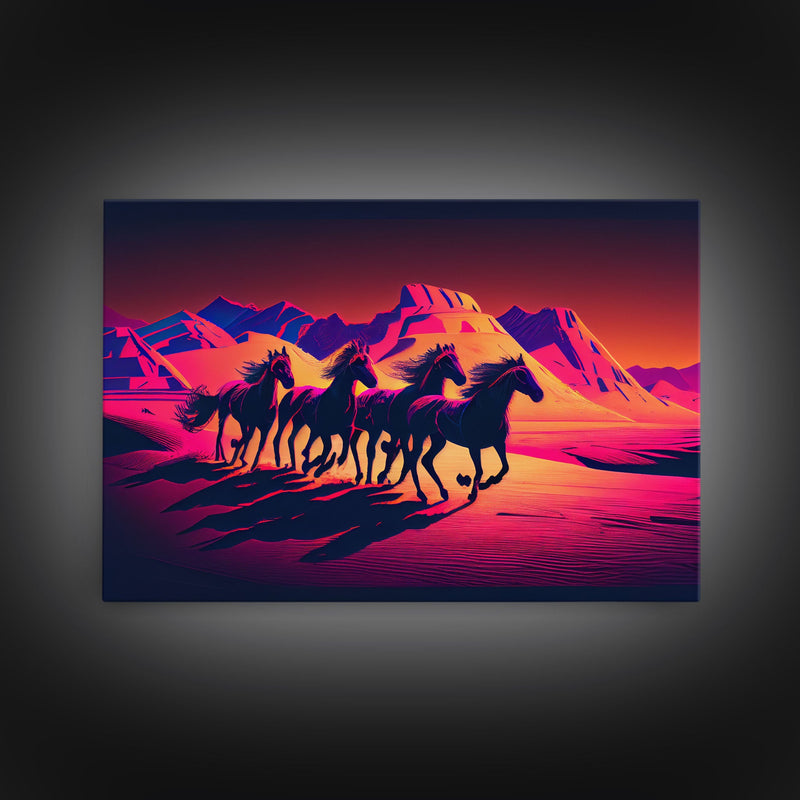 Wild Arabian Horses - Vibrant synthwave nature art, framed canvas print