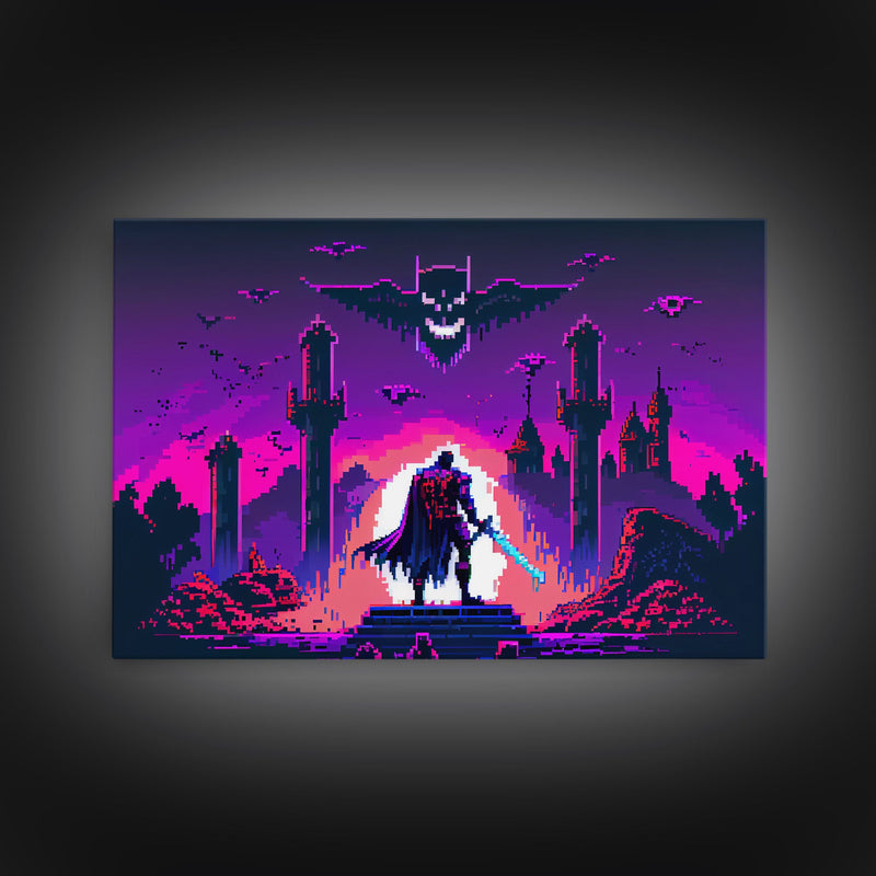 Barbarian vs Vampires, pixel art, DND RPG concept art, vaporwave aesthetic gamer room art, framed canvas print