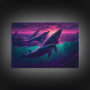 3 Blue Whales Breaching at Sunset, vaporwave synthwave ocean art, framed canvas print