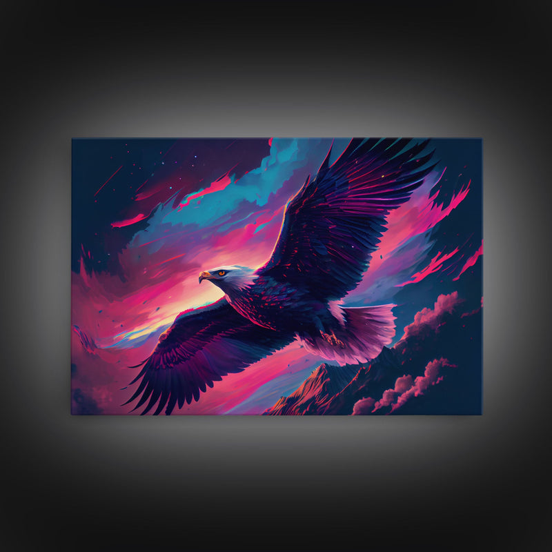 Bald eagle in flight, vaporwave aesthetic art, eagle against a pastel sunset sky, framed canvas art, framed print