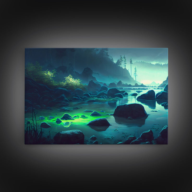 Bioluminescent glowing river, cool nature watercolor art, framed canvas print