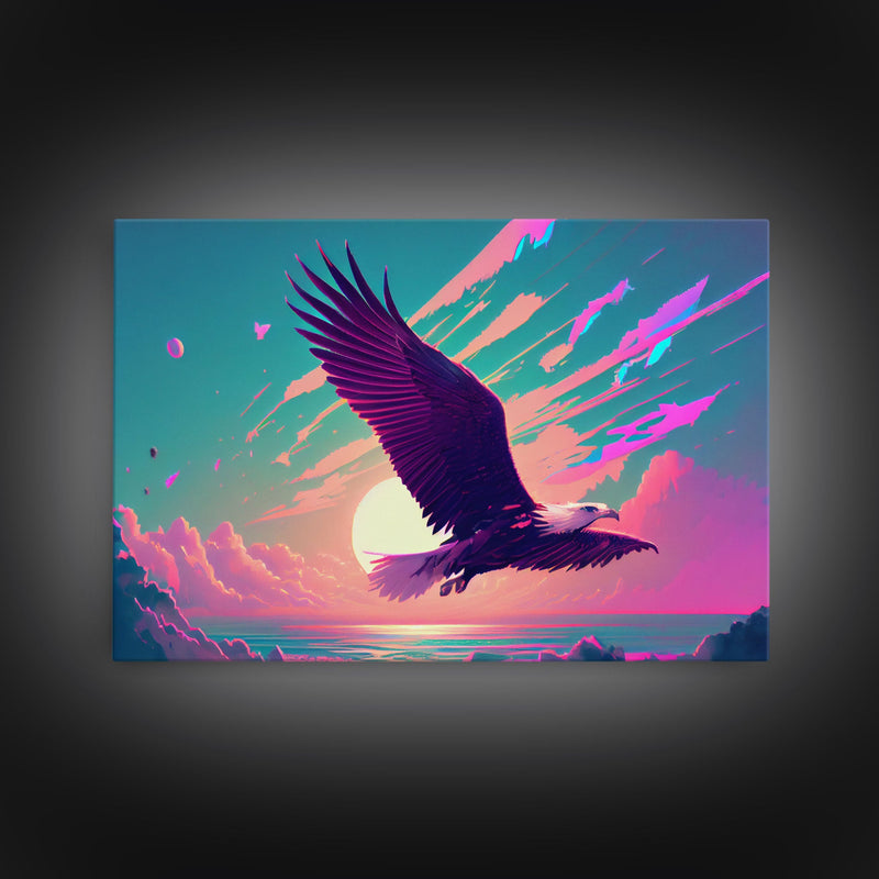 Bald eagle in flight, vaporwave sunset, vaporwave art, framed canvas print, pink and turquoise art