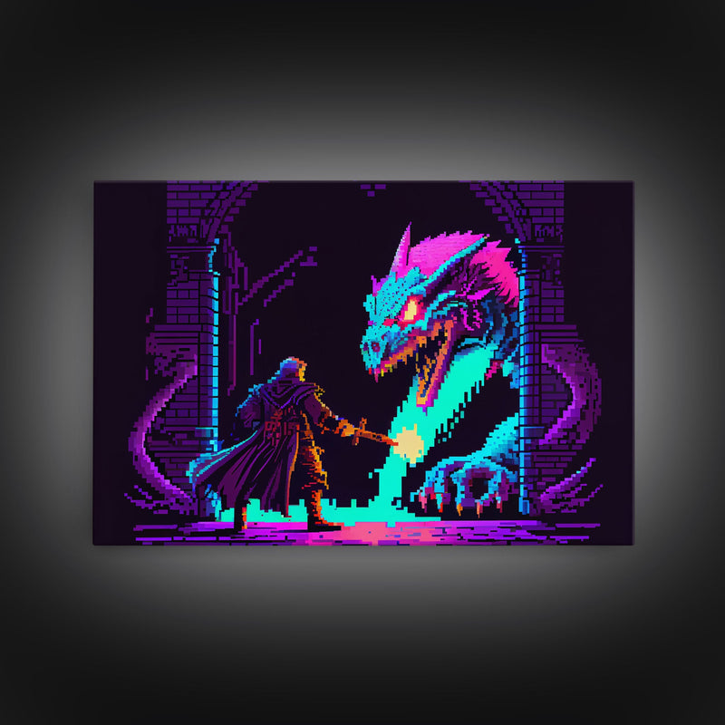 Wizard VS Hydra, RPG pixel art, vaporwave aesthetic video game pixel art, framed canvas print