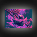 Sloth in a tree, synthwave retrowave animal print, framed canvas art