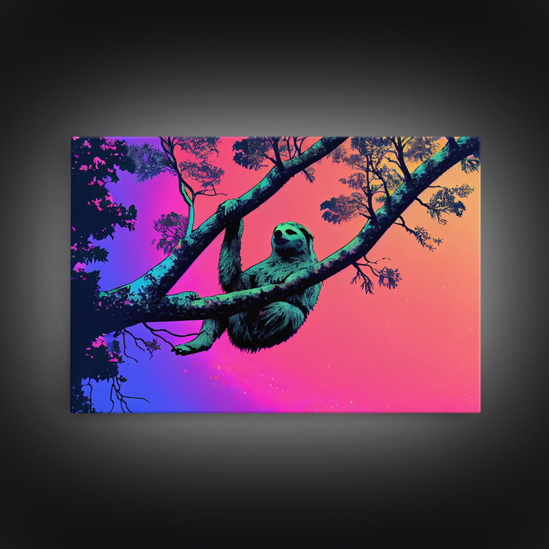 What a cool sloth man, vaporwave sloth art, framed canvas print, wall art with frame and a cool lookin' sloth