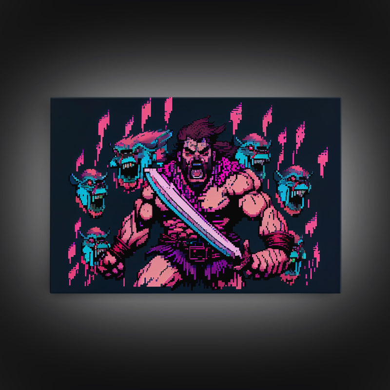 Barbarian pixel art, vaporwave RPG concept art, framed canvas print