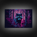 Cute racoon in the forest, vaporwave aesthetic animal art, framed canvas print, colorful animal art