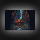 Secluded log cabin in the woods with a waterfall behind it, 8 bit pixel art, framed canvas print