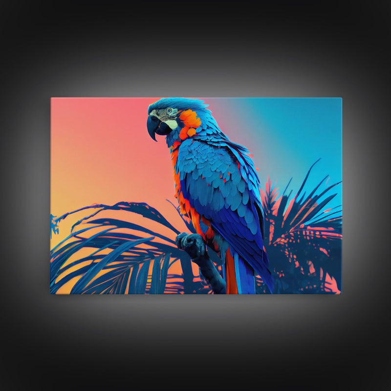 Birds of Paradise, Tropical Blue Parrot, Framed canvas print, beautiful wall art for vacation home