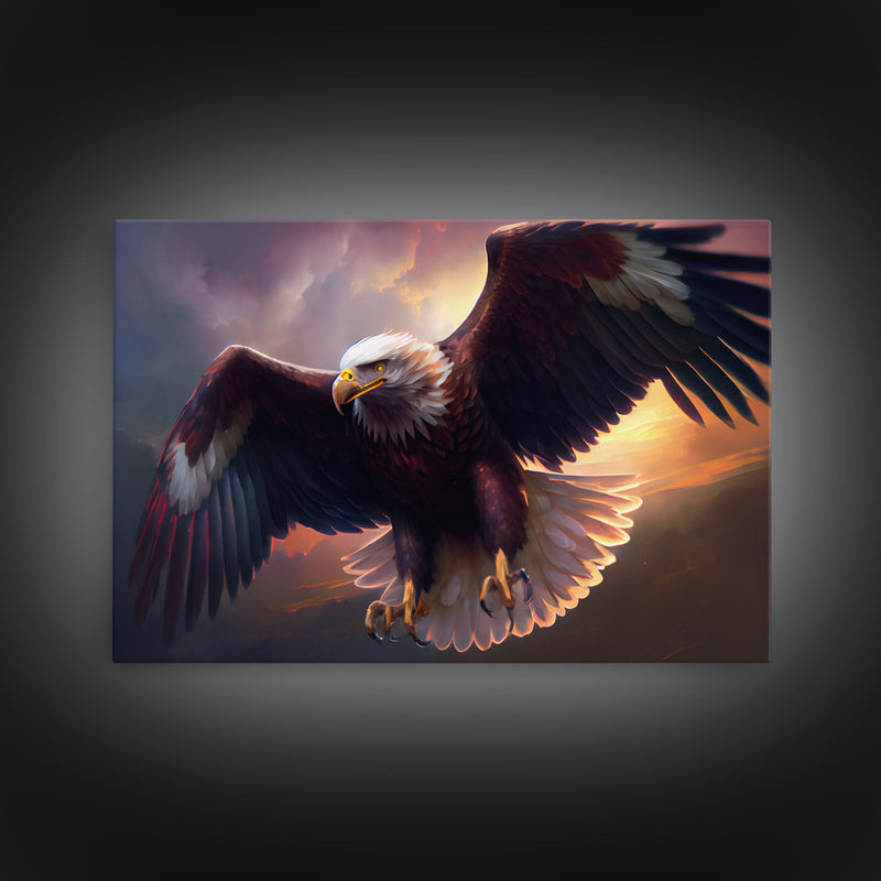 American Bald Eagle in Flight, watercolor, framed canvas print